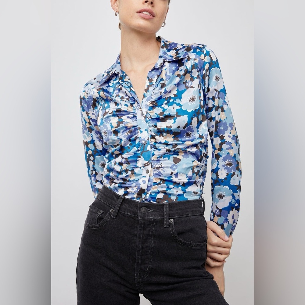 Rails Blue Floral Ruched Button-Down Shirt